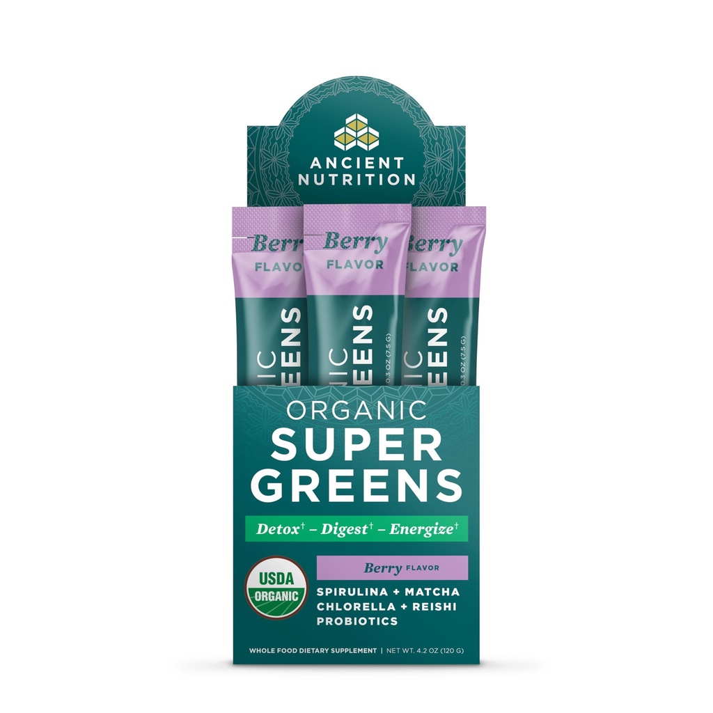 Antigua Nutrición SuperGreens Polvo con Probióticos, Verdes de Sabor de Berry Orgánica, Hecho de Frutas Reales, Verduras y Herbs, Apoyo Digestivo y Energético, 16 Stick Packs, 4.2oz