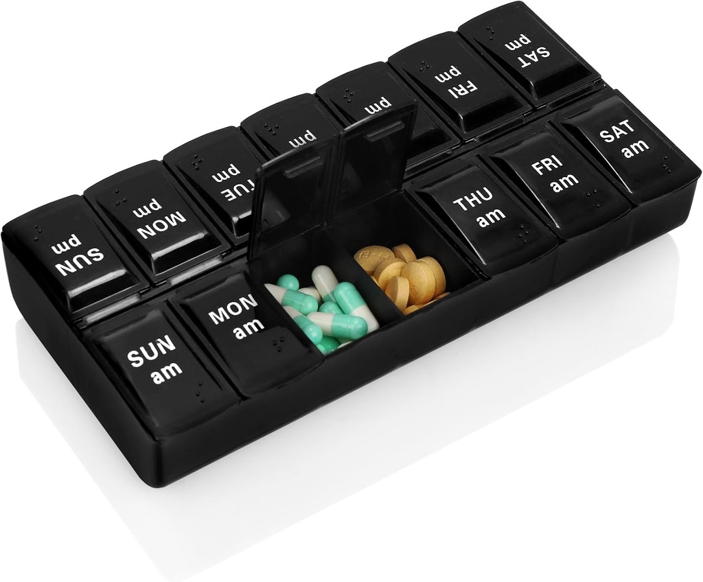 Organizador semanal de píldoras 2 veces al día 7 día Pill Box Holder Big Daily Medicine Organizer Travel Pill Case Pill Container (2 Times Black)
