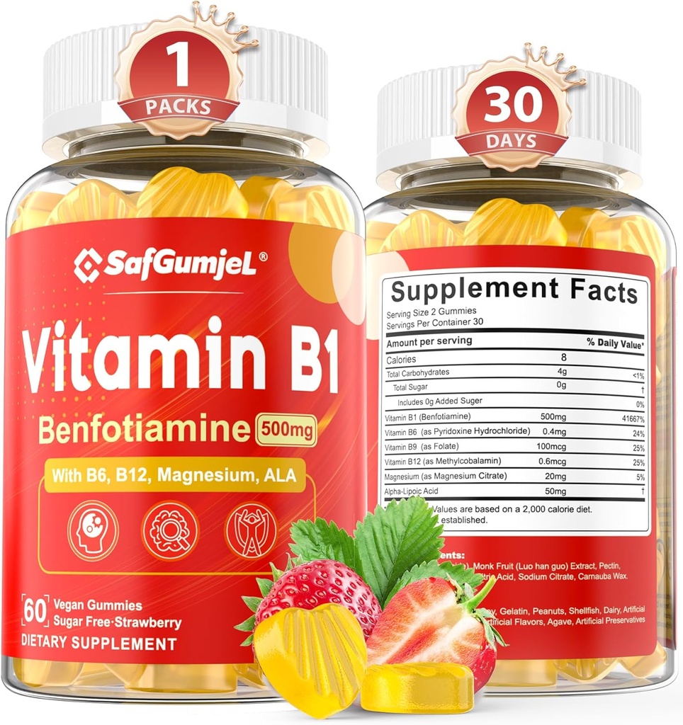 Vitamina B1 Gummies ← Benfotiamine 500mg con Vitamina B6 B9 B12 &amp; Magnesio para Nerve Health, Energy & Metabolism Support ¦ Sugar Free, Non GMO, Vegan, 60 Condes