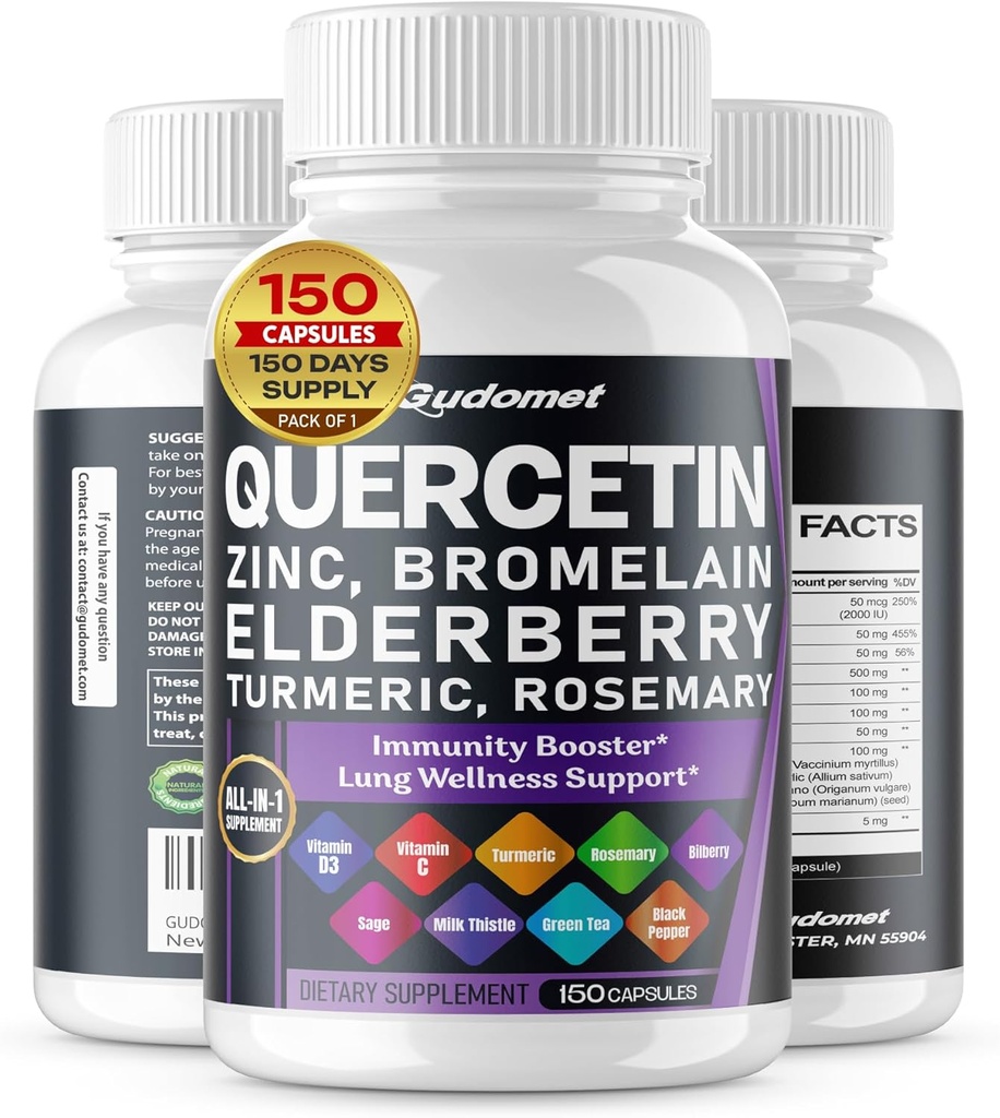 Quercetina Bromelaina Zinc Vitamina D3 Elderberry Turmeric Rosemary Bilberry Sage Ajo sin olor Ajo Verde Tea Milk Thistle Oregano -150 Capsules- Hecho en EE.UU.
