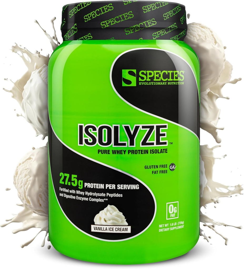 Especies Nutrición Isolyze Whey Protein Powder, 100% Whey Isolate for Muscle Building, 27.5g Protein Por Scoop, No Sugar & Low Fat (Vanilla Ice Cream, 22 Servings)