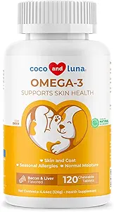 Omega 3 Aceite de pescado para perros - 120 Tablas Chewable - con Omega 3, 6, y 9, Vitamina E para la cama de perros, picazón, piel seca, soporte cardíaco conjunto