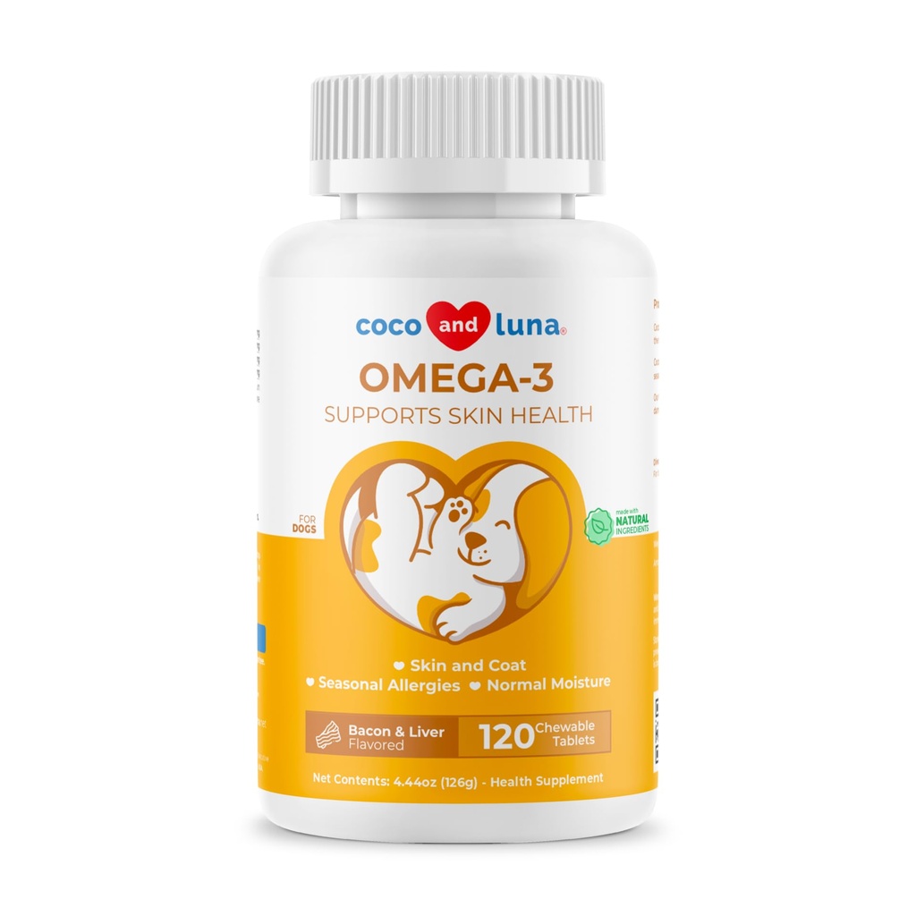 Omega 3 Fish Oil for Dogs - 120 Chewable Tablets - with Omega 3, 6, and 9, Vitamin E for Dog Shedding, Itchy, Dry Skin, Joint & Heart Support (Chewable Tablets)