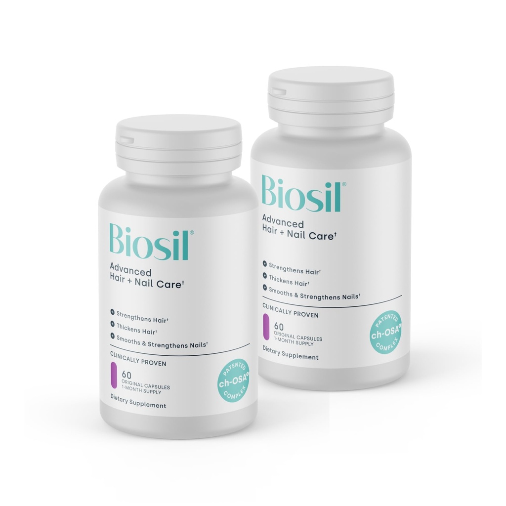 Biosil Advanced Hair + Nail Care - 60 Capsules, Pack of 2 - Grow, Strengthen & Thicken Hair and Nails - with Patented ch-OSA & Biotin - 60-Day Supply