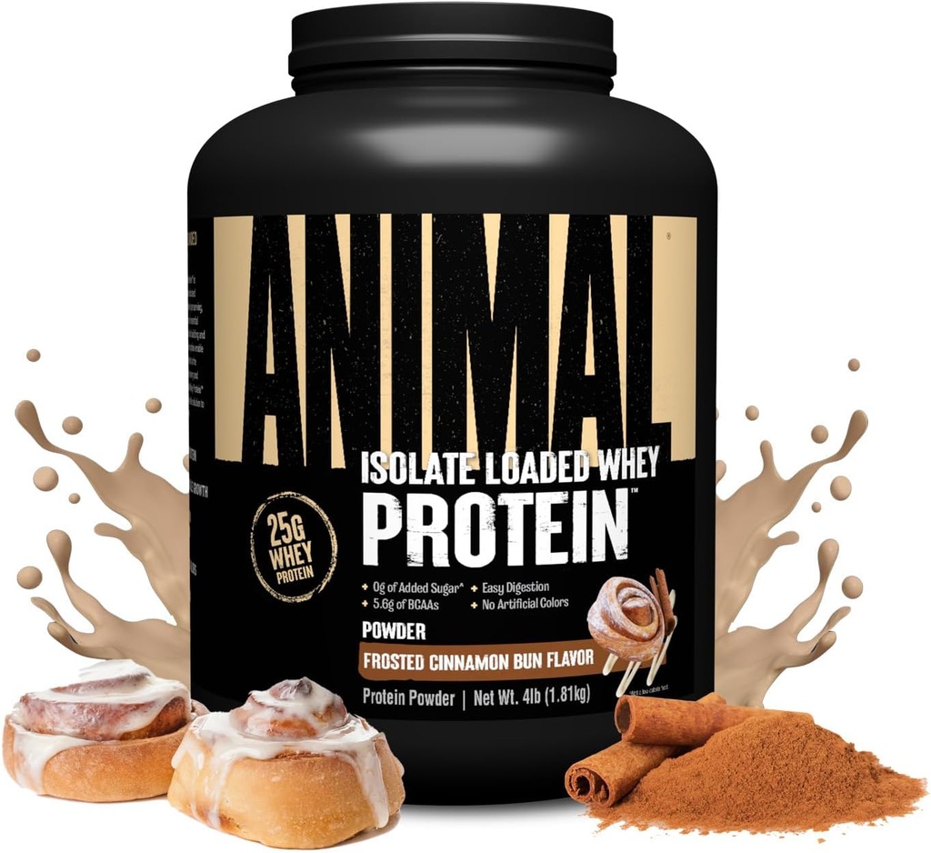 Animal Whey Isolate Protein Powder - Cargado para Pre &amp; Post Workout Muscle Builder y recuperación con Enzymes Digestivos para Hombres &amp; Mujeres - 25g Proteína, Gran Sabor, Bajo Azúcar - Frosted Cinnamon Bun 4 libras