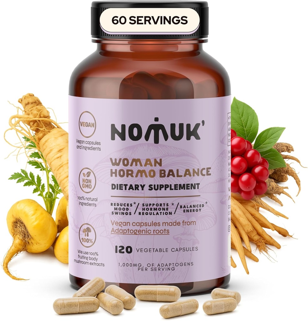 Mujer Hormo Balance Adaptógenos Suplementos con Maca Panax Ginseng Shatavari Schisandra Formula Diseñado para el bienestar de la mujer y la armonía hormonal Soporte 120 cápsulas Vegan