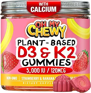 Center-Filled Vitamin D3 K2 Gummies - Kids, Teens & Adults - Supplement for Healthy Teeth, Bone, Energy & Immunity - 5000 IU D3, 120 mcg K2(MK-7), 120 mg Calcium - Vegan & Non-GMO - 60 Count