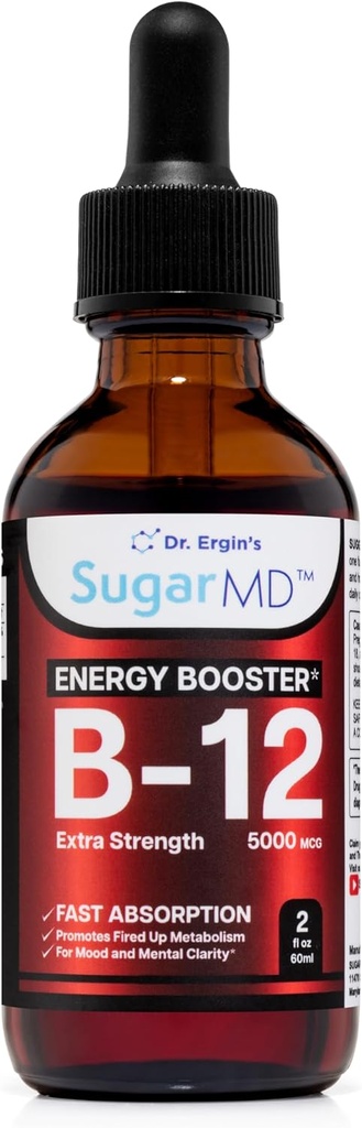 SugarMD Vitamin B12 5000 mcg Liquid Drops – 2 fl oz (60ml) Energy Drops for Women and Men – Non-GMO & Gluten Free Liquid B12 Drops with Maximum Absorption Formula