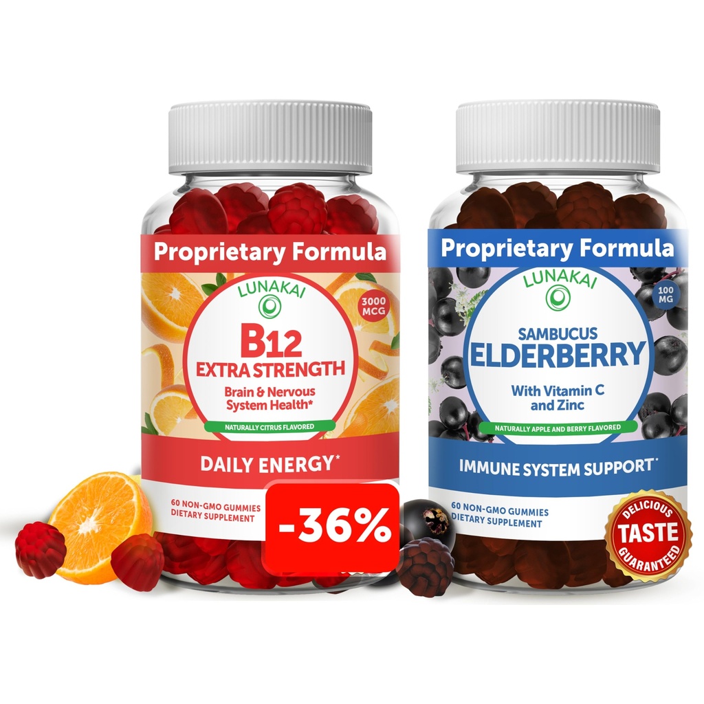 Lunakai Vitamin B12 and Elderberry Gummies Bundle - 3000 mcg Gummy for Adults Energy Support and Bone Health - Immune Support Supplement with Zinc and Vitamin C
