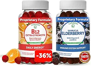 Lunakai Vitamina B12 y Elderberry Gummies Bundle - 3000 mcg Gummy para adultos Apoyo energético y salud ósea - Suplemento de apoyo inmunológico con zinc y vitamina C