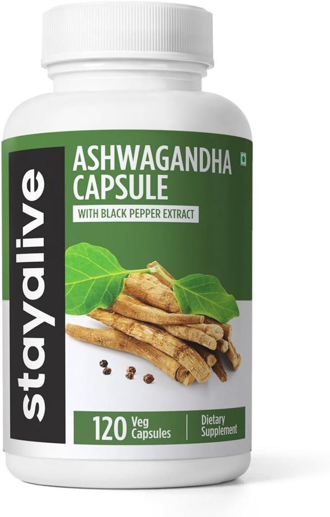 STAY ALIVE Ashwagandha with Black Pepper, 10:1 Extract, 120 Pills, 100% Pure Root Powder, Extra Strength Capsules, Non-GMO & Gluten Free Ashwagandha Suplementos para Mujeres y Hombres