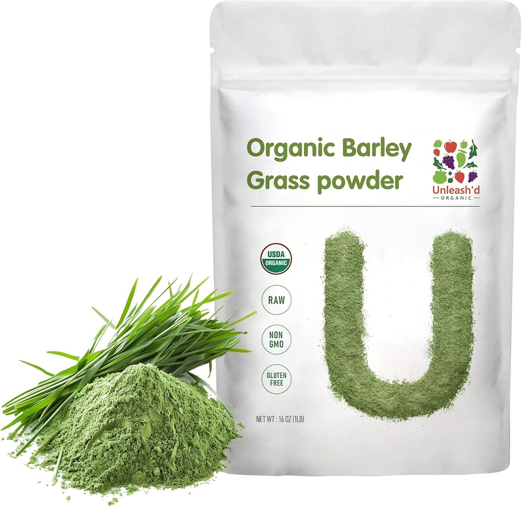UNLEASH'D ORGANIC Barley Grass Powder 1 Pound 100% Pure & Organic, Superfood Greens Rich in Vitamins, Minerals, Fibers and Antioxidants