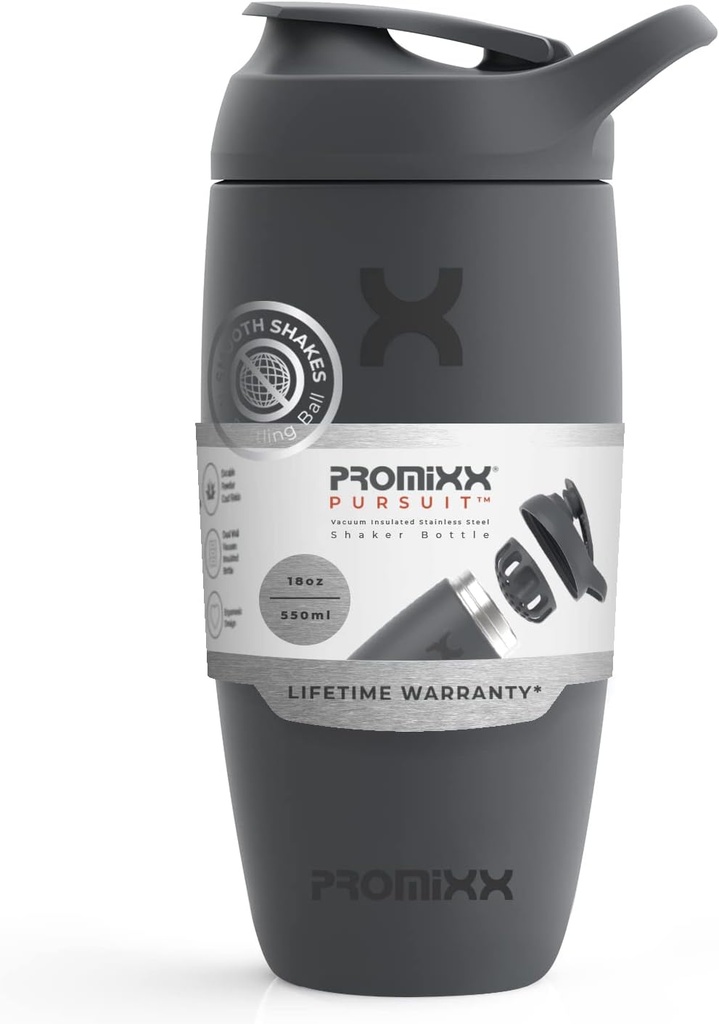 Promixx Pursuit Shaker Botella de acero inoxidable aislado botella de agua y batidor Copa, 18oz, Graphite Gray