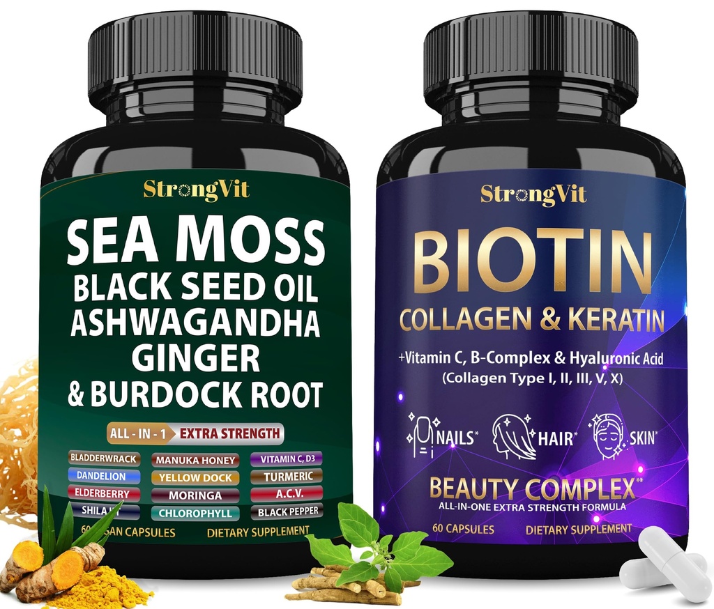 StrongVit Sea Moss Supplement & Biotin Complex Bundle (120 Capsules)