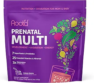 Polvo multivitamina prenatal - 25 vitaminas " minerales con electrolitos 3x, folato, hierro, D3 para mamá " bebé, 7 superalimentos " probióticos, vitaminas libres de azúcar " .