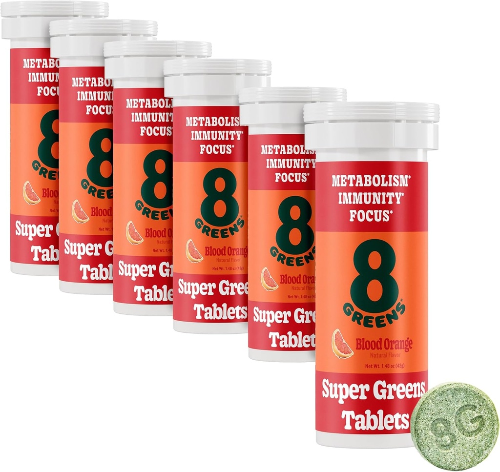 8Greens Supergreens Tablets ← Super Greens Powder Superfood Tablet, Metabolism Immunity & Focus, Daily Greens Effervescent Tablets, Organic: Aloe Vera, Spirulina, Chlorella, Blood Orange, 60 Servings