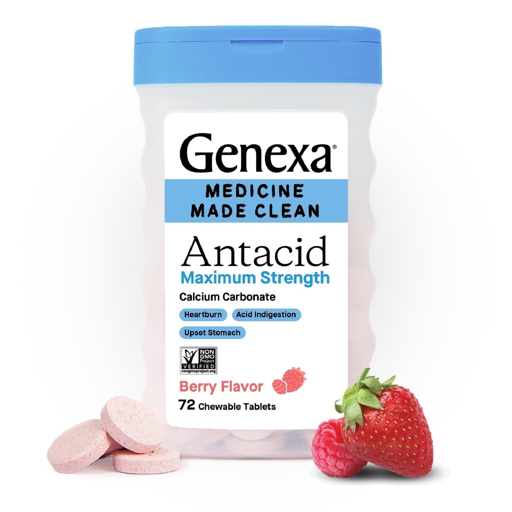 Genexa 3 Pack Clean Antacid Chewable Tablets | Maximum Strength Calcium Carbonate for Heartburn, Acid Indigestion & Upset Stomach Relief | Dye Free, 0% Artificial Additives | Berry Flavor, 216ct