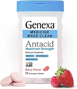 Genexa 3 Pack Clean Antacid Chewable Tablets ← Maximum Strength Calcium Carbonate for Heartburn, Acid Indigestion & Upset Stomach Relief ← Dye Free, 0% Artificial Additives ← Berry Flavor, 216ct