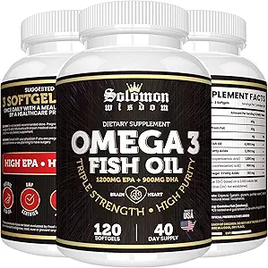 SOLOMON WISDOM Omega 3 Fish Oil - Suplemento dietético para el corazón sano &amp; cerebro - 120 Soft Gel cápsulas con alta EPA 1200mg &amp; DHA 900mg - Burpless, sin olor con sabor natural de limón