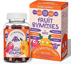 Nutrición desnuda Niños Vitaminas Gummies, Hecho en EE.UU., GMO Gratis, Sin gluten, Gelatin Gratis, Vegan, Niños Vitaminas A, C, D, E, B6, B12, Zinc, 3 Sabores de frutas, 30 Días de Suministro