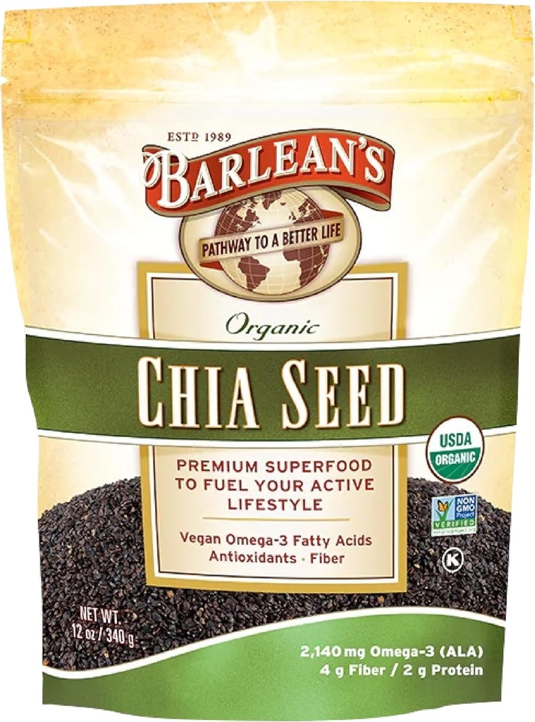 Semillas de Chia Orgánica de Barlean con 2,140 mg Omega 3 ácidos grasos, Suplemento de fibra para la semilla de chia entera para los moothies, no GMO certificado, 12 oz