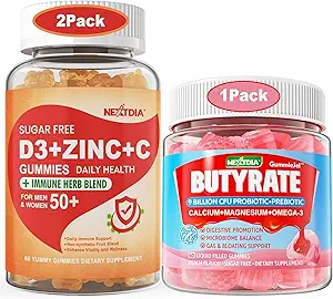 2 Pack Azúcar Vitamina C + D3 + Zinc Gummies para adultos 50+ + 1 Pack Butyrate Gummies