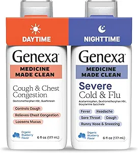 Genexa Daytime Cough " Congestion + Nighttime Severe Cold " Flu Combo Pack, Dye Free, 0% Artificial Additives, Liquid Multi-Symptom Cough, Cold, " Flu, Organic Blueberry Flavor, 12 fl oz (2 Pack)