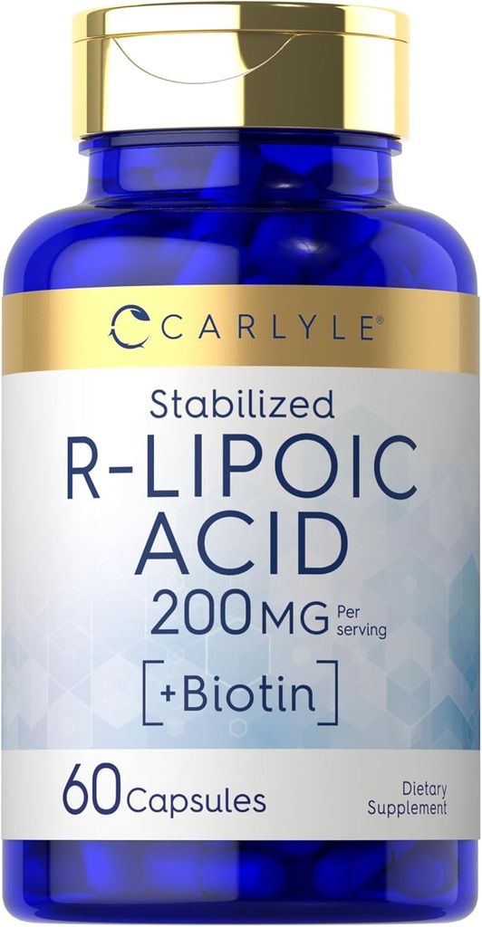 Carlyle R-Lipoic Acid 200mg TEN 60 Capsules TEN Stabilized RLA with Biotin ← Non-GMO, Gluten Free