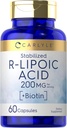 Carlyle R-Lipoic Acid 200mg TEN 60 Capsules TEN Stabilized RLA with Biotin ← Non-GMO, Gluten Free