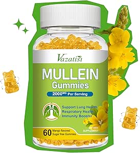 Mullein Gummies, Mullein Leaf Extract with Bromelain, Quercetin, Pine Bark Support Lung Cleanse for Healthy Breathing, 60ct