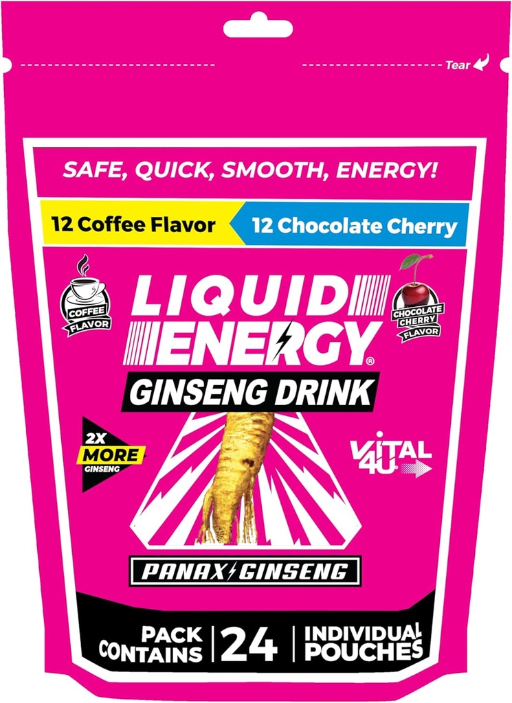 VITAL 4U® Liquid Energy Shot - Café &amp; Chocolate Cherry Combo Pack, Ginseng, B Vitaminas, Naturalmente Endulzado, 24 ct