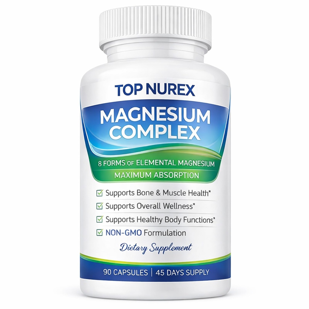 Magnesium Complex 1000 mg, 8-Source Magnesium Blend with Glycinate, Citrate, Malate & Taurate, Vegan Formula, Non-GMO, 90 Capsules