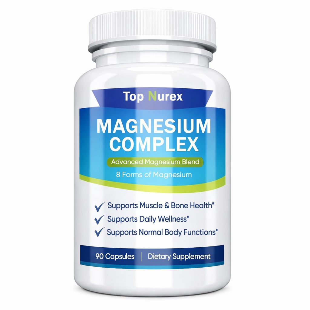 Top Nurex Magnesium Complex 1000 mg, 8-Source Magnesium Blend with Glycinate, Citrate, Malate & Taurate, Vegan Non-GMO Formula, 90 Capsules