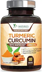Curcumin Turmeric Suplemento 1950mg - 95% Curcuminoides con Turmeric Orgánica " BioPerine Black Pepper Extract for Best Absorption, Nature's Vegan Joint Support, Non-GMO, Bottled in USA - 180 Capsules