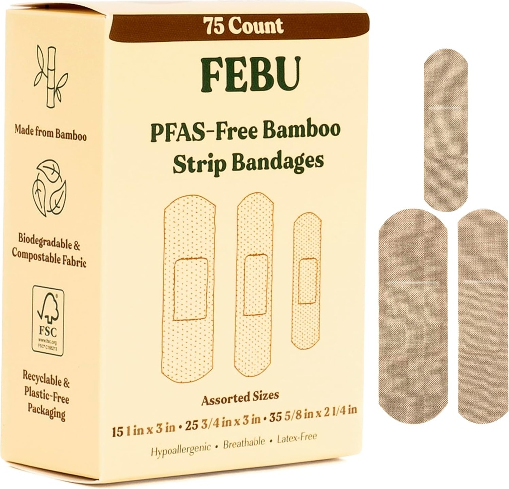 FeBU Eco-Friendly Bamboo Fabric Bandages ← PFAS Free Flexible Fabric Bandages ← Banda Natural Hypoallergenic Bandage for Scrapes, Cuts & First Aid ← Fully Compostable, Latex Free Bandage TEN 75 Count Strip