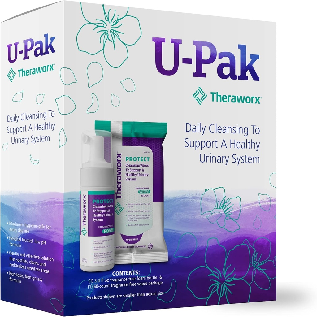 Theraworx Protect U-Pak 60-Ct Wipes & Hygiene Foam 3.4 oz para la salud urinaria (Pack of 1)