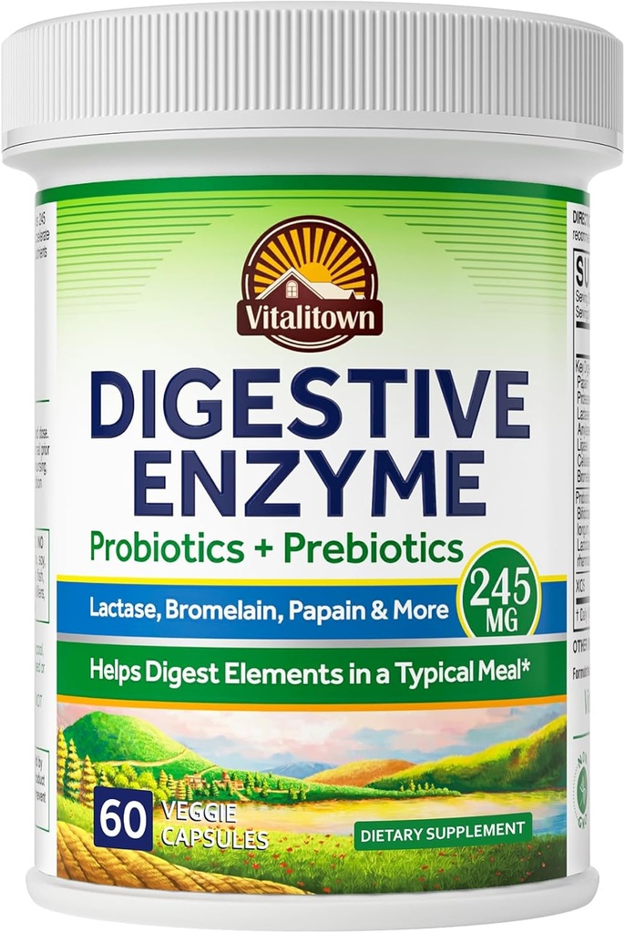 Vitalitown Digestive Enzyme ← 3-in-1 Fórmula Silencio Probióticos + Prebióticos Silencio 60 Veg Caps Silencio 245 mg Silencio Seven Key Enzymes ← Bromelain, Lactase Silencio para la Digestión  Vegan, Non-GMO