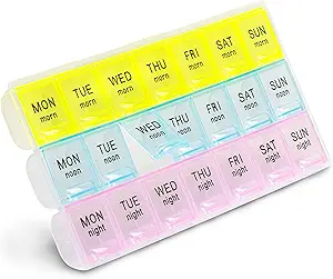 FMP Marcas 1 Pack Pill Organizador 3 veces al día, semanal de medicina Organizador Cajas de Pill, 7 días Gran Organizador Organizador Sorter Caso Container, Morning Noon Night Pill 3 veces al día Travel Pill Box