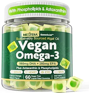 Vegan Omega 3 Gummies + Phospholipids, Astaxanthin, Vitamin D3, DHA 560mg & EPA 280mg, Fish-Free Algae Omega 3 Supplement for Adults & Kids for Brain, Eye, Skin and Overall Health, Sugar Free, 60 Cts