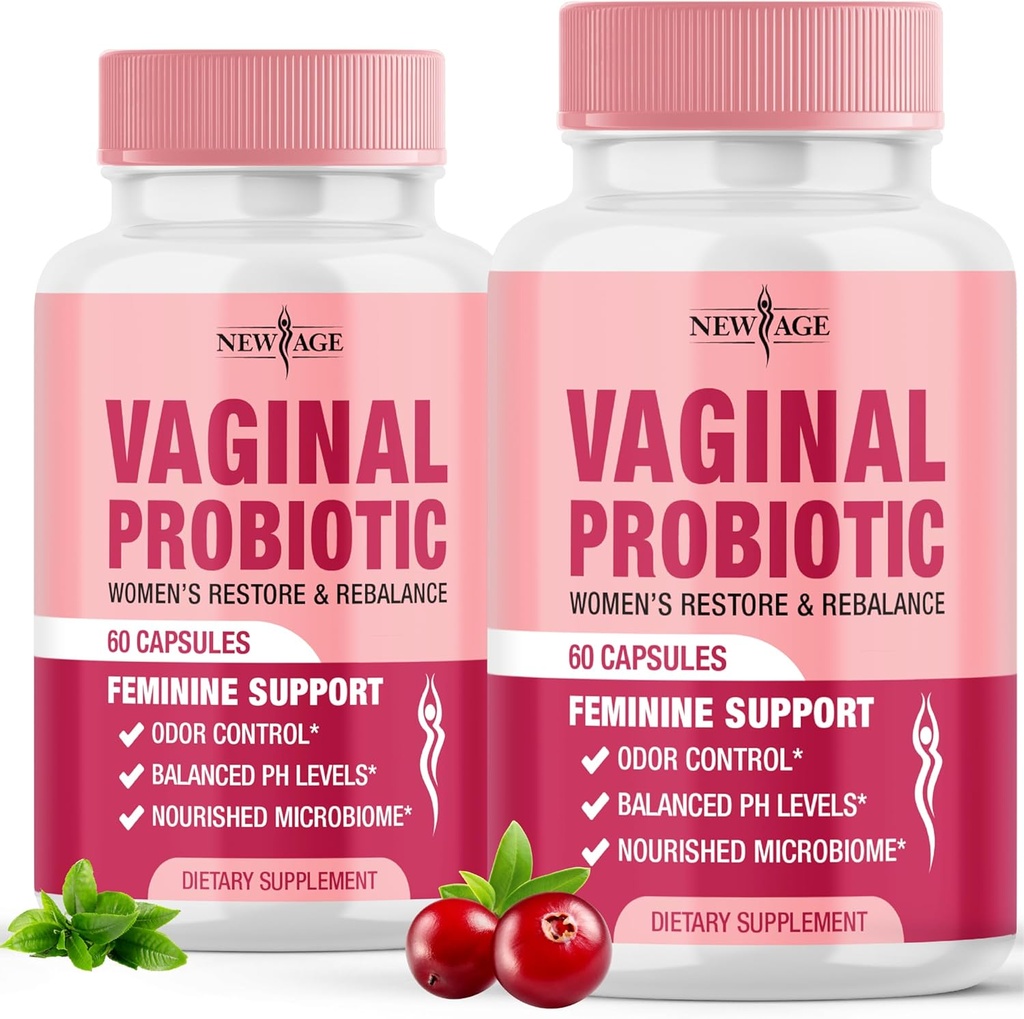 NUEVO AGE Vaginal Probióticos para Mujeres con Prebióticos, Extracto de Arándano, y un Lactobacillus Probiotic Blend, apoya el equilibrio de pH saludable, control de olores, flor vaginal - 120 cápsulas