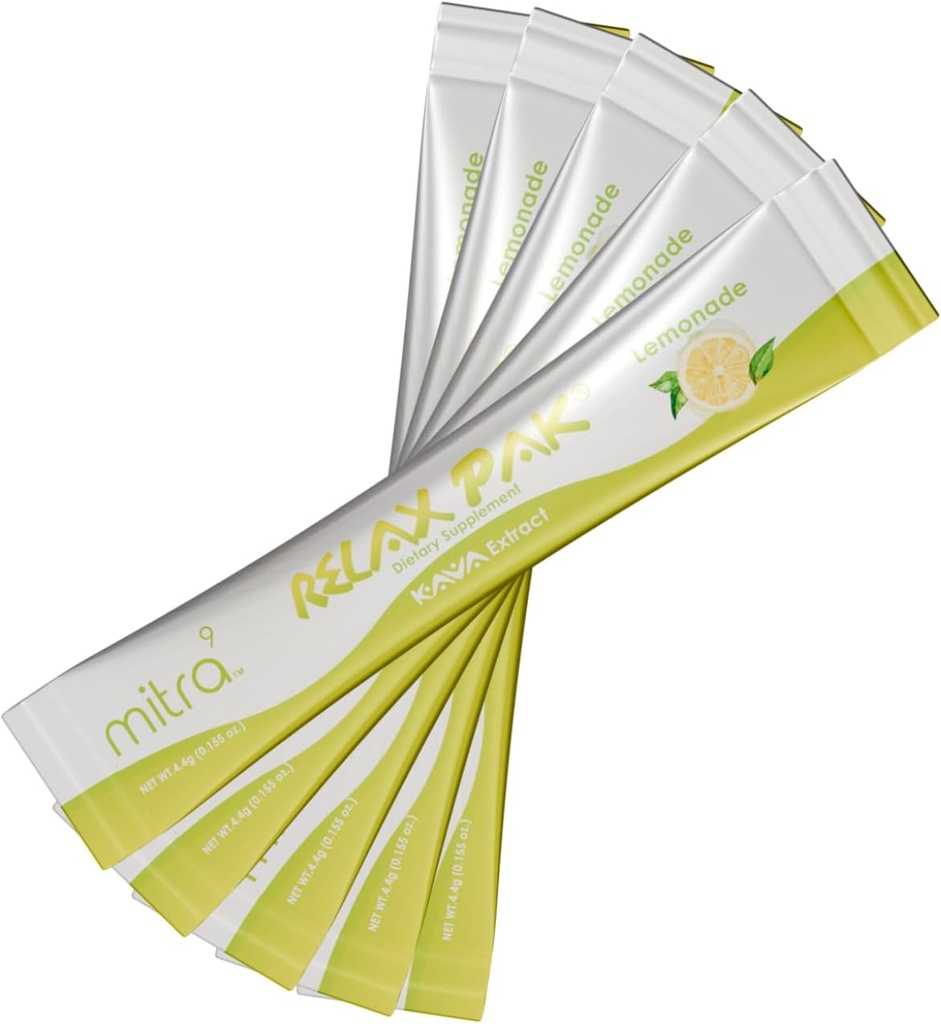 Mitra9 Kava Powder RelaxPak - Lemonade Kava Extract Powder Packets ← Mood Enhancer Silencio basado en plantas promueve la calma natural y la claridad ← Easy Open Single-Serving Stick (5)