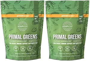 Primal Harvest Primal Greens Powder, 30 Servings Once Daily Supergeens Suplemento nutricional con Spirulina, Mushroom Blend " Probiotics to Support Energy, Wellness, " Digestion