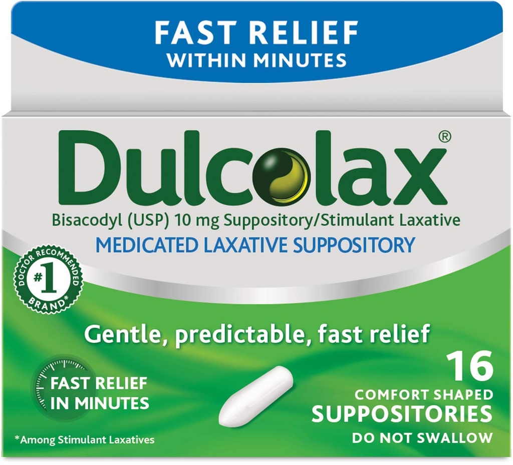Dulcolax Stimulant Laxative Medicated Suppositories 16ct Fast Relief, Rectal Use Only, Bisacodyl 10mg