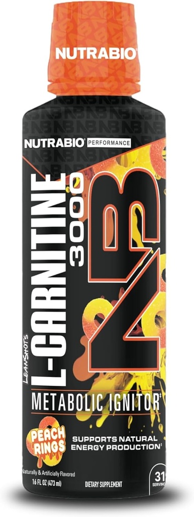 NutraBio – L-Carnitine Liquid Shots – 3000mg, (Peach Rings) – 10 mg de vitamina B-5 – Zero Carbs & Sugars – Producción de energía – Recuperación de músculos