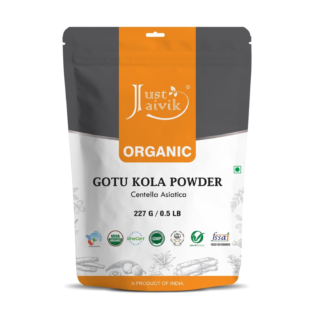 Just Jaivik 100% Organic Gotu Kola Powder, 1/2 Pound - 227g - USDA Organic - Centella Asiatica - Also known as Mandupakarni and Brahmi)