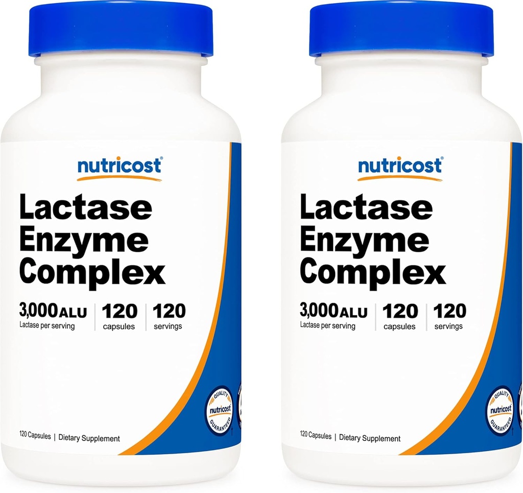 Complejo Nutricost Lactase Enzyme 3000 FCC ALU, 120 Veggie Capsules - Non-GMO, Gluten Free, 120 Servings (2 Bottles)