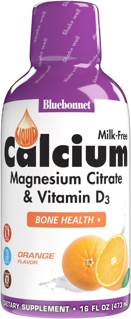 Bluebonnet Nutrición Calcio líquido Citrato de magnesio, Vitamina D3, Bone Health, Gluten Free, Soy free, leche libre, kosher, 16 Fl Oz, 32 Servings, Orange Flavor, 16 Fl Oz (Pack of 1)