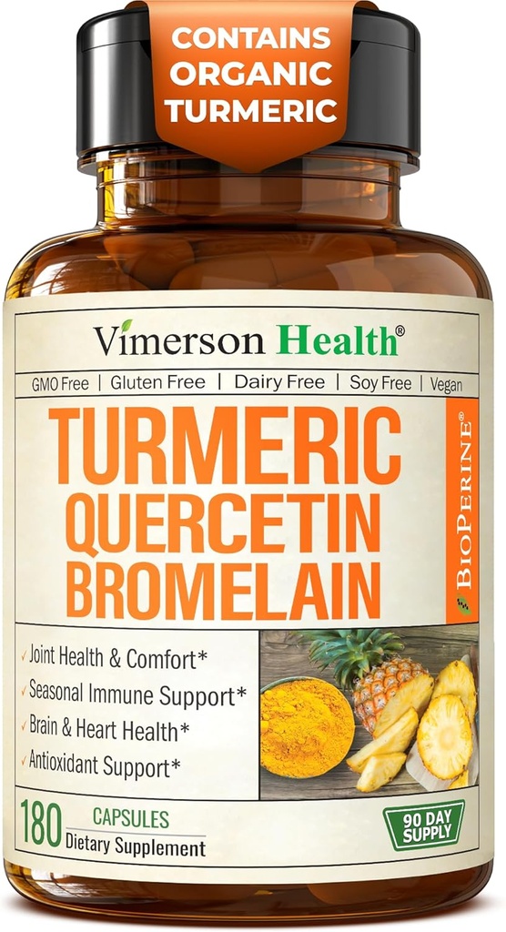 Quercetina con Bromelain Turmeric Curcumin Suplemento – Alivio de Alergia, Soporte Conjunto &amp; Inmuno – Suplemento Turmérico Orgánico con Pepper Negro (Bioperina) – 180 Quercetina 500mg cápsulas