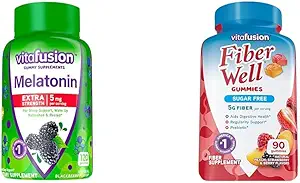 Vitafusion Extra Strength Melatonin Gummy Vitaminas, 5mg, 120 ct Gummies & Fiber Well Sugar Suplemento libre de fibra, Peach, Fresa y BlackBerry Flavored Suplementos, 90 Condes