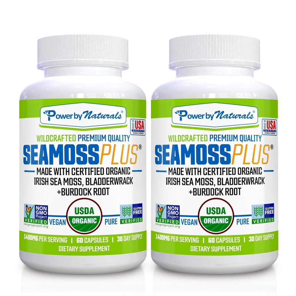 Power By Naturals Sea Moss Plus - USDA Certified Organic Wildcrafted Irish Seamoss, Bladderwrack " Burdock Root, Suplemento para la inmunidad, 60Ct, 2 Pack